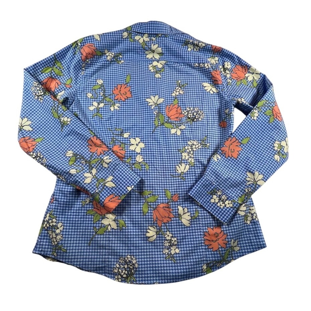 Lands' End Women's 4P Supima Cotton No Iron Shirt Blue Floral Houndstooth Petite - Picture 2 of 6